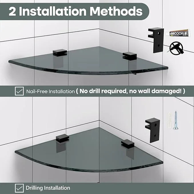 2-Pack Glass Shelf Shower Caddie, Shower Shelves for Inside Shower, Drilling Free Adhesive Wall Mounted Bathroom Organizer Shelves with Aluminium Brackets, Black - ModernBath