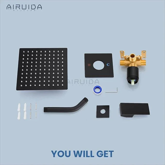 Airuida Shower Faucet Set Bathroom Rain Shower System SUS304 Stainless Steel Single Handle With Male Threads Rough-in Valve Shower Trim Kit 8 Inch Wall Mount Shower Head Matte Black - ModernBath