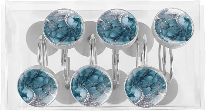 12 Pcs Decorative Shower Curtain Hooks, Rust Proof Glass Surface Stainless Steel Rings for Bathroom Bedroom Kitchen Home Bath Room Rods Decor (Dark Blue Shiny Texture) - ModernBath