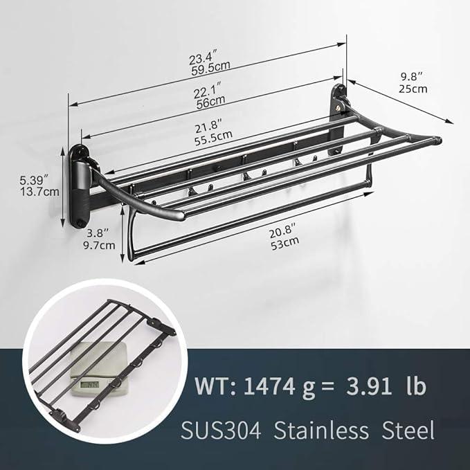 BESy 24 Inch Oil Rubbed Bronze Towel Racks, Bathroom Towel Shelf with Foldable Towel Bar Holder and Towel Hooks, Wall Mounted Multifunctional Bathroom Accessories, Double Towel Bars - ModernBath