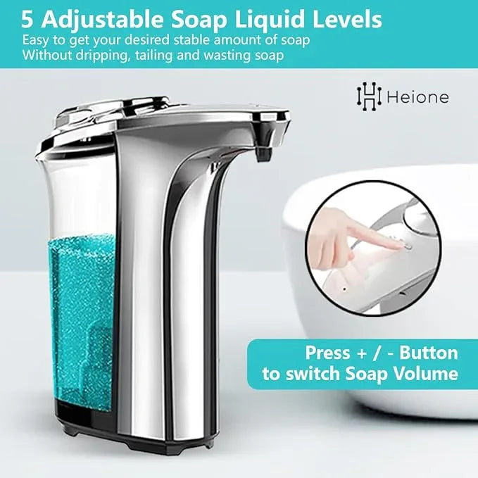Heione Automatic Soap Dispenser Touchless - Battery Operated Sensor Liquid Soap Pump for Kitchen Sink & Bathroom - Silver Glossy Color, 5 Adjustable Levels, IPX4 Waterproof, 17oz / 500ml - ModernBath