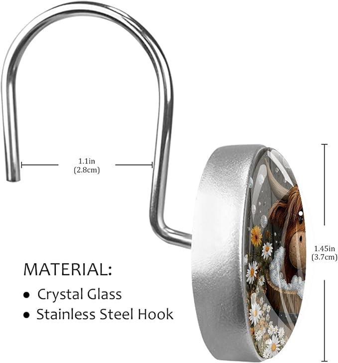 Rural Farmhouse Bathing Highland Cow Shower Curtain Hooks, 12Pcs Decorative Rust Resistant Shower Rings for Shower Curtain Rods, Stainless Steel Round Curtain Hooks for Bathroom, Bedroom - ModernBath