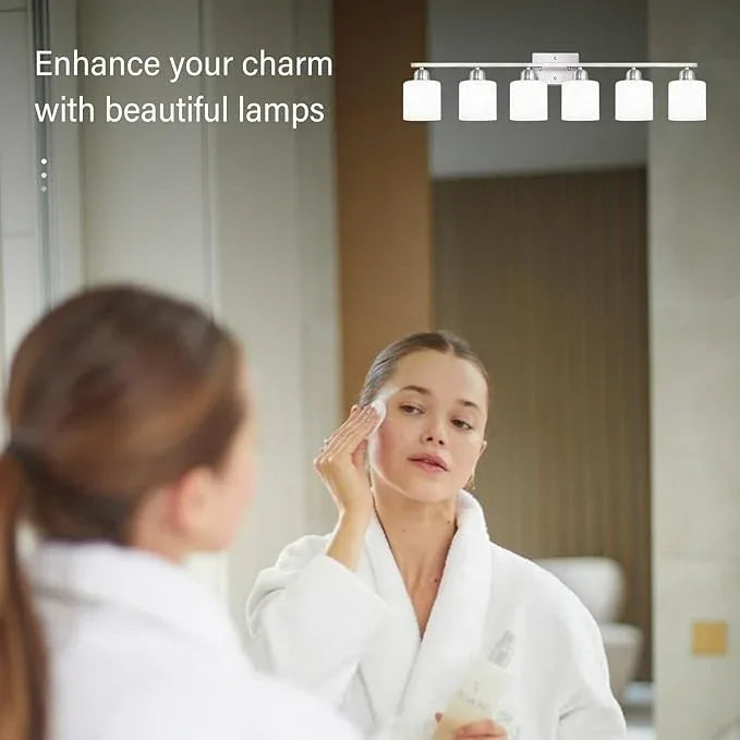 Brushed Nickel Vanity Light for Large Mirror, 6 Light Bathroom Lighting Fixtures Over Mirror with Milky White Frosted Glass Shades, 38 inch Bathroom Light for Mirrors, E26 Socket - ModernBath