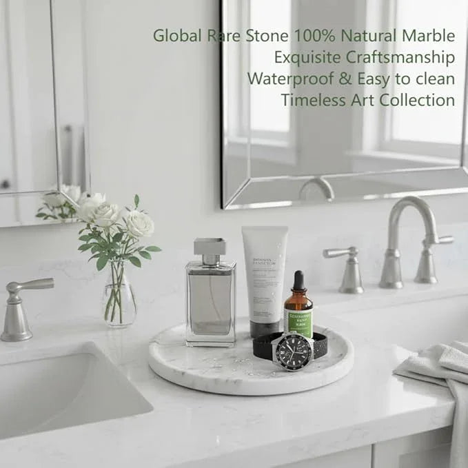Marmor Natural Marble Bathroom Tray for Perfume & Jewelry, Vanity Decorative Catchall Tray for Countertop, Stone Organizer Dish for Candles, Makeup, Essentials(Statuario White Round Plate) - ModernBath