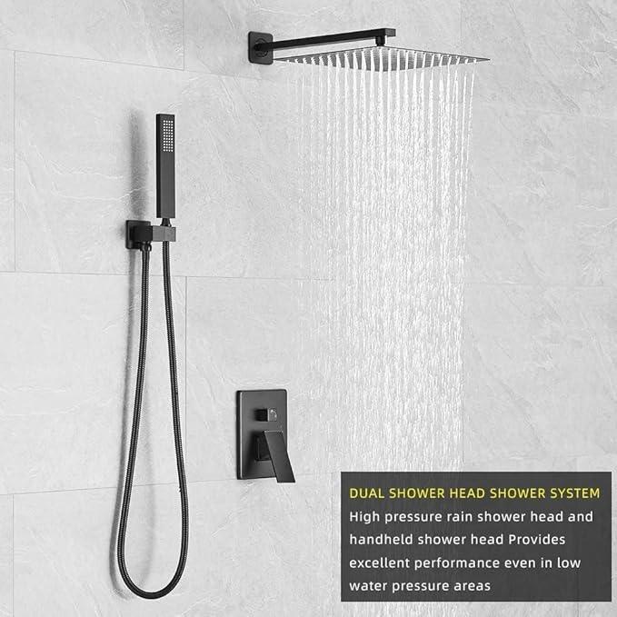 Heable Matte Black Shower System 10 Inches Bathroom Luxury Rain Shower Head with Handheld Combo Set Wall Mounted High Pressure Rainfall Shower Head System Shower Faucet with Valve and Trim Kit - ModernBath