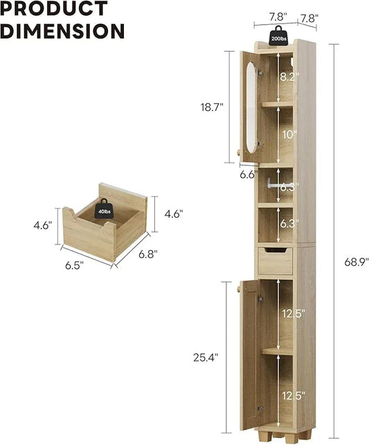 LIKIMIO 69" H Tall Bathroom Storage Cabinet with 2 Doors & 1 Drawer, Narrow Adjustable Shelves & Pull-Out Tissue Holder, Slim Freestanding Cabinet for Small Spaces, Kitchen, Entryway, Rustic White - ModernBath