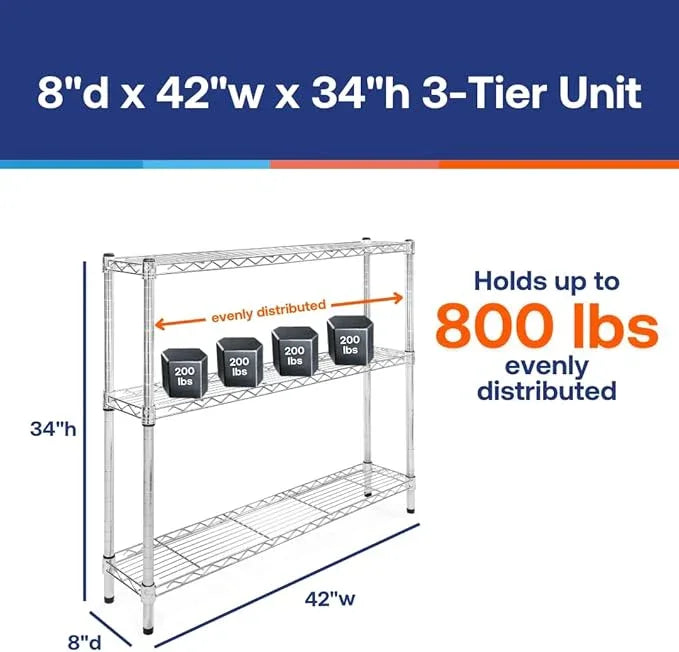 Shelving Inc. 8" d x 42" w Chrome Wire Shelving with 3 Tier Shelves, Weight Capacity 800lbs Per Shelf - ModernBath