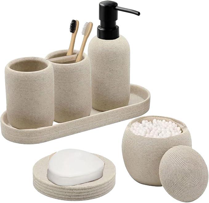 Bathroom Accessory Set - 6PCS Bathroom Accessories Set, Bath Vanity Countertop Accessories with Soap Dish, Lotion Dispenser, Toothbrush Holder, Toothbrush Cup, Vantiy Tray, Qtip Holder (Beige,Black) - ModernBath