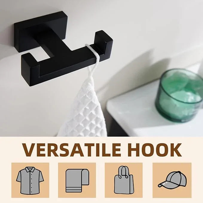 APLusee Double Robe Towel Hook, 304 Stainless Steel Square Dual Coat Hook, Utility Bath Kitchen Storage Hanger Holder, Matte Black - ModernBath