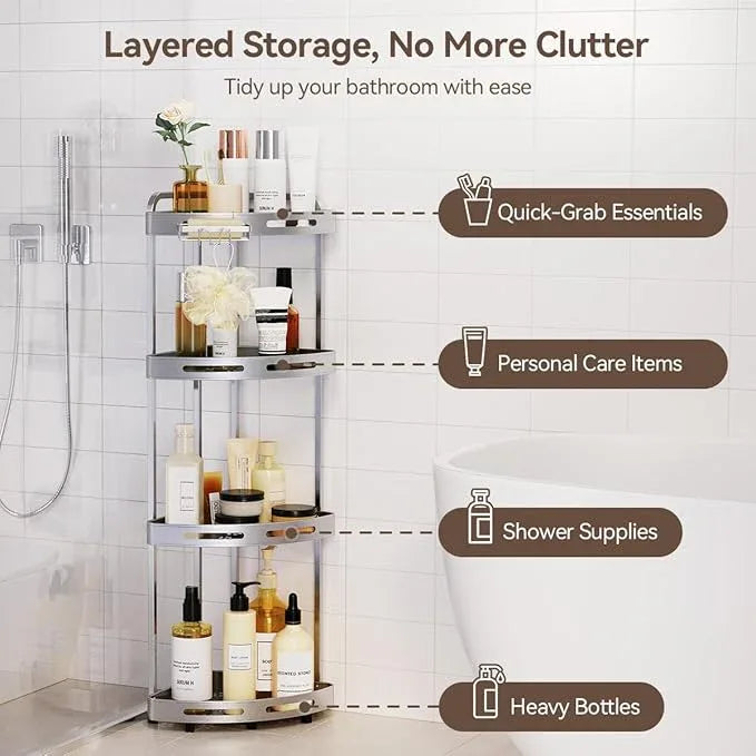 Corner Shower Caddy Stand, 4 Tier Rustproof Standing Shower Organizer with Soap Holder, Aluminum Shower Shelf for Bathroom Storage, Silver - ModernBath