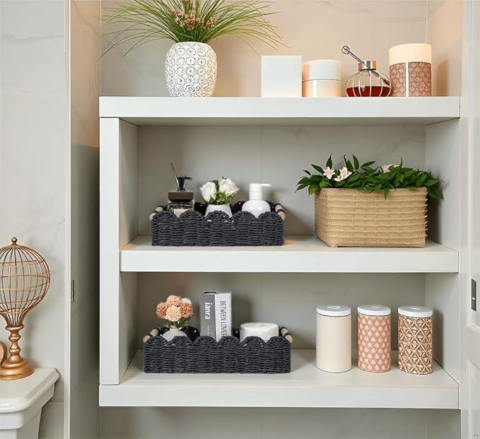 CubesLand Decorative Toilet Paper Storage Basket, Modern Farmhouse Home Decor Basket for Organizing, Scalloped Pantry Baskets for Shelves, Countertop, Living Room, w/Wood Handles, Black 2 Sizes - ModernBath