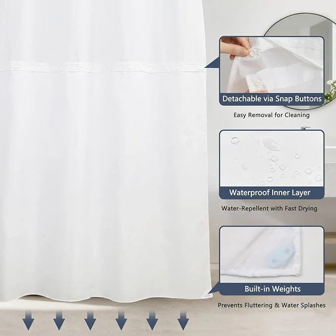 NAEMBCU No Hook Geometric Shower Curtain with Snap-in Liner, Blue and Gold Triangle Bath Curtain with See Through Top, Waterproof Double Layer for Bathroom Decor, 71 x 74 Inch - ModernBath