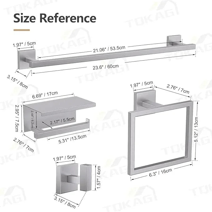 TQKAG 5-Pieces Brushed Nickel Bathroom Hardware Accessories Set 23.6" SUS304 Stainless Steel Towel Bar Set Wall Mounted Square Toilet Paper Holder with Shelf - ModernBath