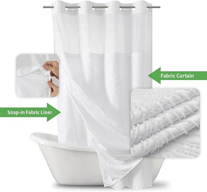eachope stall no Hook Tufted Shower Curtain with snap in Liner Set, White Waterproof Fabric Inner Liner,Boho Style Shower Curtain with See Through top Window, White, 54Wx80H - ModernBath
