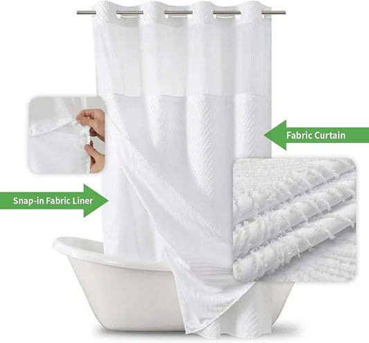 eachope stall no Hook Tufted Shower Curtain with snap in Liner Set, White Waterproof Fabric Inner Liner,Boho Style Shower Curtain with See Through top Window, White, 54Wx80H - ModernBath