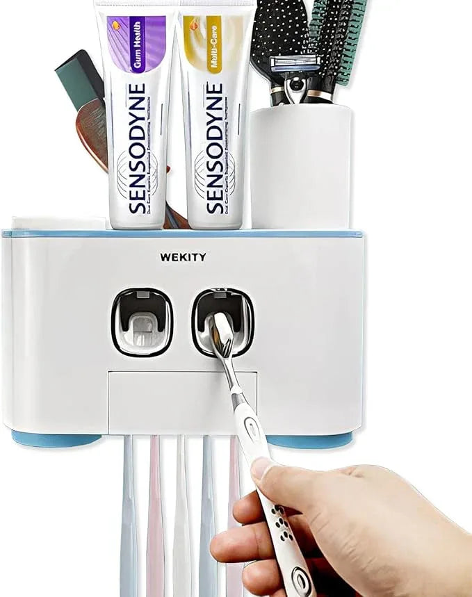 Toothbrush Holder Wall Mounted, WEKITY Multi-Functional Toothbrush and Toothpaste Dispenser for Bathroom, with 5 Toothbrush Slots, 2 Toothpaste Squeezers and 4 Cups(Blue) - ModernBath