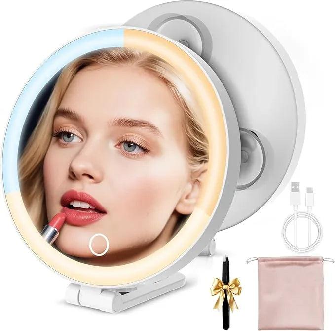 Travel Makeup Mirror with Lights, Lighted Magnifying Mirror 10X, 4-in-1 Portable for Handheld, Tabletop, Hanging and Wall Mount with Suction Cup and 3 Color Light, Ideal Gift for Women and Seniors - ModernBath