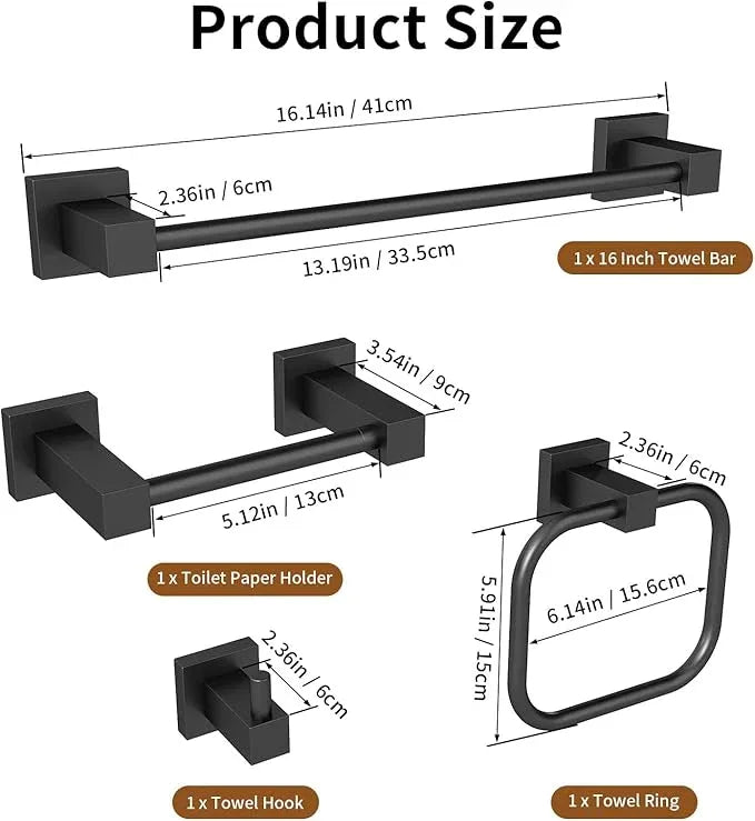 4 Pieces Matte Black Bathroom Hardware Accessories Set, 16 Inch Bath Towel Holder Sets with Toilet Paper Holder, Stainless Steel Towel Racks for Bathroom Wall Mounted - ModernBath