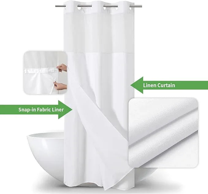 eachope Stall No Hooks Needed White Shower Curtain with Snap-in Fabric Liner Set,Linen Textured Hotel Luxury Decor Shower Curtains for Bathroom with Mesh Top Window,Waterproof & Washable,36Wx74H, - ModernBath