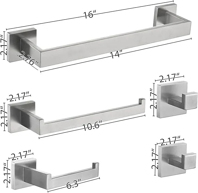 5 Piece Bathroom Hardware Set Brushed Nickel, SUS304 Stainless Steel Towel Bar Set, Modern Square Accessories with 16 Inch Rack Toilet Paper Holder Robe Hooks (Brushed Nickel) - ModernBath