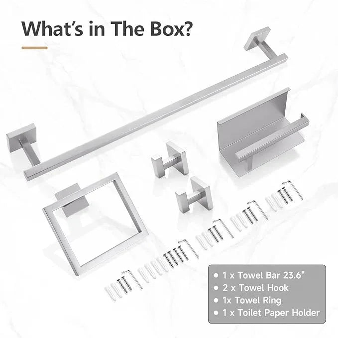 TQKAG 5-Pieces Brushed Nickel Bathroom Hardware Accessories Set 23.6" SUS304 Stainless Steel Towel Bar Set Wall Mounted Square Toilet Paper Holder with Shelf - ModernBath