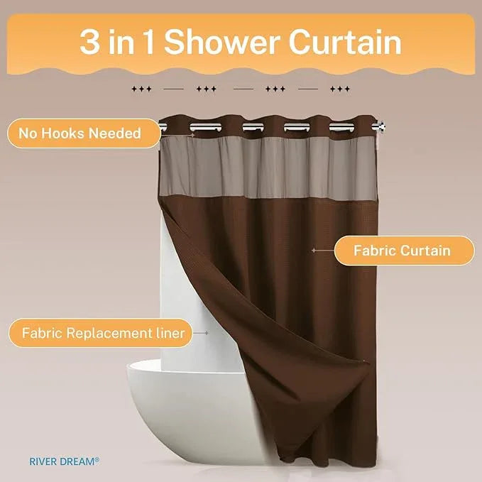 River Dream No Hooks Required Dotted Brown Shower Curtain with Snap in Liner - 71" W x 74" H,Hotel Grade,Spa Like Bath Curtain - ModernBath