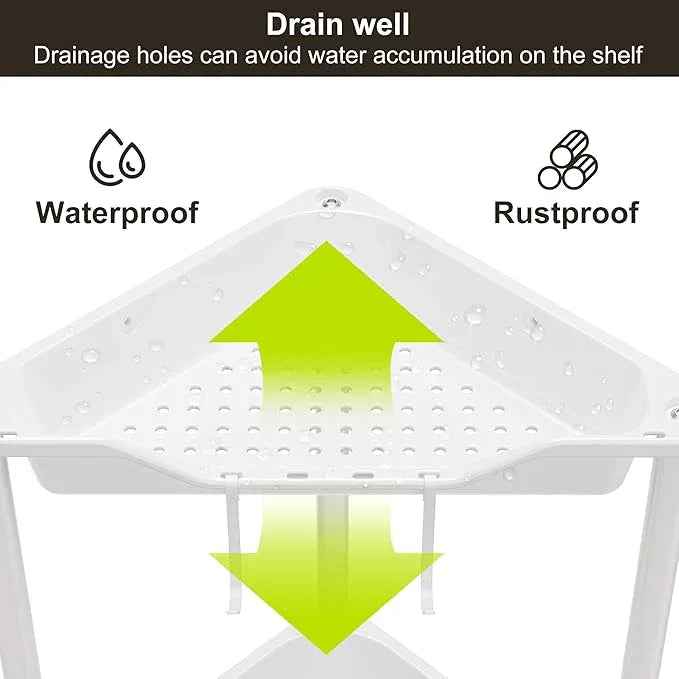 Orimade Rustproof 3 Tier Floor Standing Corner Shower Caddy Organizer, Plastic Metal Splicing Floor Corner Shelf Rack Stands for Bathroom, White - ModernBath