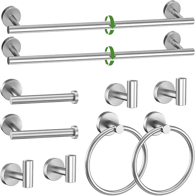 10-Piece Towel Bar Set Brushed Nickel Bathroom Hardware Accessories Set Includes 23.6in Towel Bar Round Towel Ring TP Holder and Hooks Stainless Steel Wall-Mounted Towel Racks Set for Bathroom - ModernBath