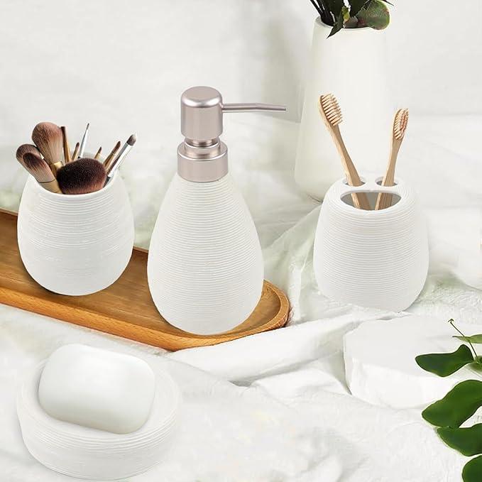 CERBIOR Bathroom Accessories Set,4 Pcs Ceramic Bathroom Decor Accessory,Includes Toothbrush Holder, Toothbrush Cup, Soap Dish for Decorative Countertop and Housewarming Gift(White 4pcs) - ModernBath