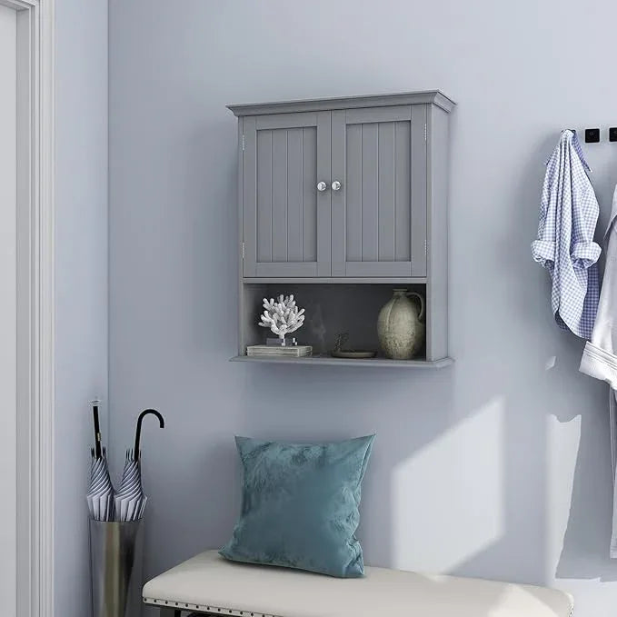 Tangkula Bathroom Wall Cabinet, Wooden Hanging Cabinet with Doors & Shelves, Multipurpose Storage Cabinet for Restroom Kitchen Living Room, Wall Mounted Bathroom Medicine Cabinet (Grey) - ModernBath