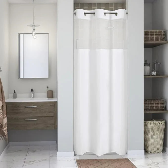 eachope Stall No Hooks Needed Linen Textured Shower Curtain with Snap-in Fabric Liner Set,Hotel Luxury Decor Shower Curtains for Bathroom,Waterproof & Washable,48Wx74H,White - ModernBath