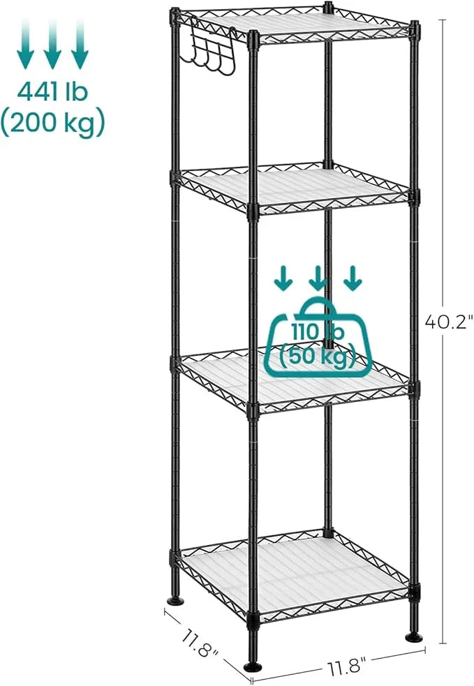 SONGMICS 4-Tier Bathroom Shelf, Storage Rack for Small Space, with 4 PP Shelf Liners, Removable Hook, Extendable Design, Ink Black and Translucent ULGR104B01 - ModernBath