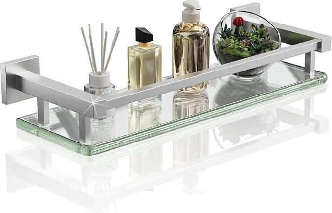 Alise Bathroom Glass Shelf with Stainless Steel Railing, Brushed Nickel Small Tempered Glass Floating Wall Shelf Over The Toilet, 16 inch - ModernBath