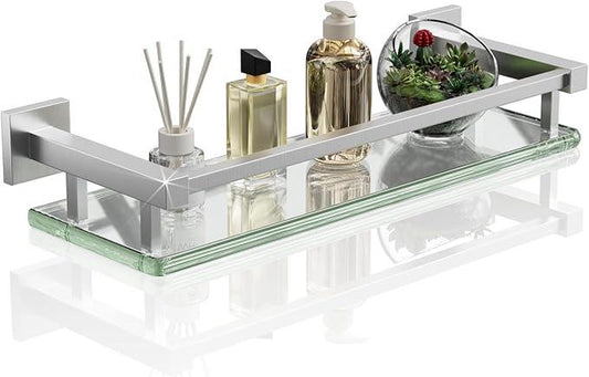 Alise Bathroom Glass Shelf with Stainless Steel Railing, Brushed Nickel Small Tempered Glass Floating Wall Shelf Over The Toilet, 16 inch - ModernBath