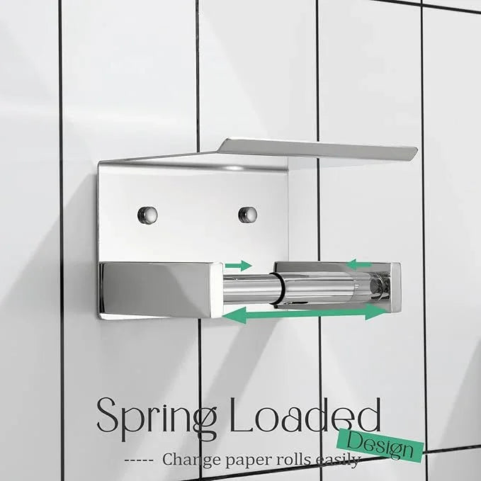 KOKOSIRI Roll Paper Holder Spring Loaded Bathroom Toilet Paper Holder Tissue Roll Holder with Shelf Wall Mounted Stainless Steel Polished Chrome B2012CH - ModernBath