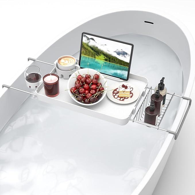 Bathtub Tray for Large Soaking Tub Table Tray Expandable Tub Shelf for Bathtub Caddy Bath Shelf Over Tub Luxury Bath Board Book Holder with Removable 2 Cup Holder Phone Metal Shower Caddy Basket White - ModernBath