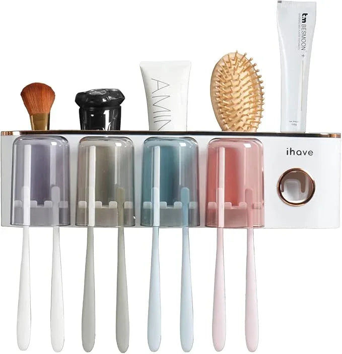 iHave Toothbrush Holders Bathroom Accessories with Toothpaste Dispenser, 4 Cups Toothbrush Holder Wall Mounted Bathroom Decor - ModernBath