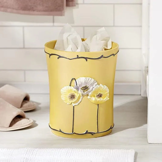 Zahari Home 2pc Poppy Fields Modern Bath Accessories Set Waste Basket & Tissue Box Modern Classic Contemporary Decorative Beautiful Designs Bathroom Decor Set for Home Luxury Yellow Bath Set - ModernBath