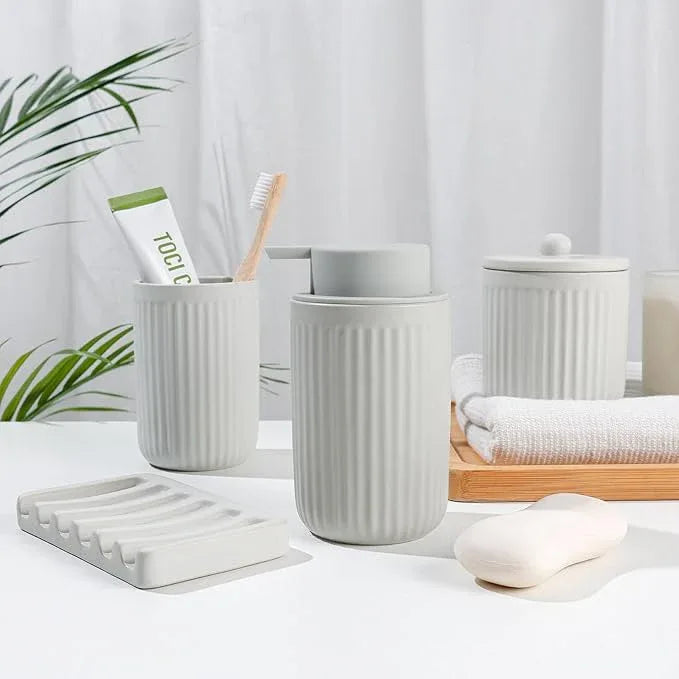 BosilunLife Ceramic Bathroom Accessories Set - Bathroom Counter Soap Set Light Grey Bathroom Decor Sets Accessories Bathroom Lotion Soap Dispenser and Toothbrush Holder Set, Soap Dish, Apothecary Jars - ModernBath