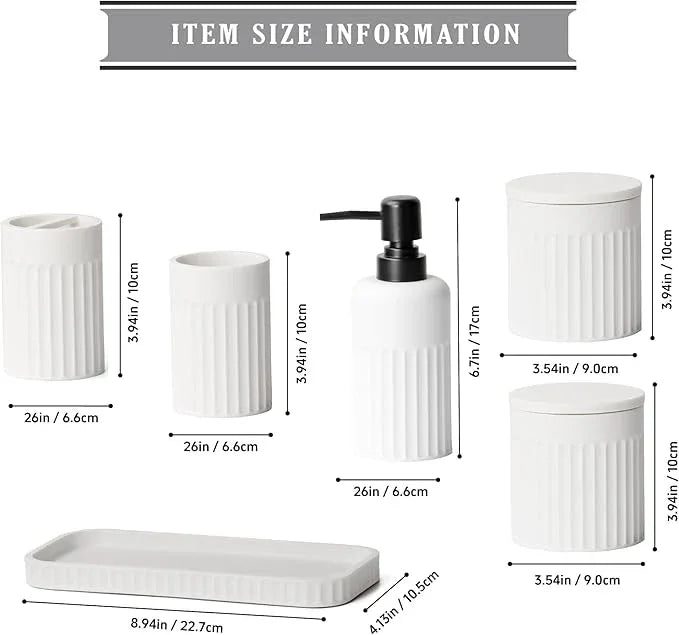 INIUNIK Bathroom Accessory Set - 6 Pieces Bathroom Accessories Set Complete with Soap Dispenser, Toothbrush Holders, Tumbler, Vanity Tray and 2 Qtip Holder for Home Organizer and Decor, White - ModernBath