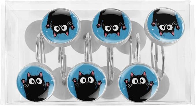 12 Packs Black Happy Cat Shower Curtain Hooks, Stainless Steel Glass Shower Curtain Rings for Bathroom, Rustproof Metal Curtain Rod Hooks - ModernBath