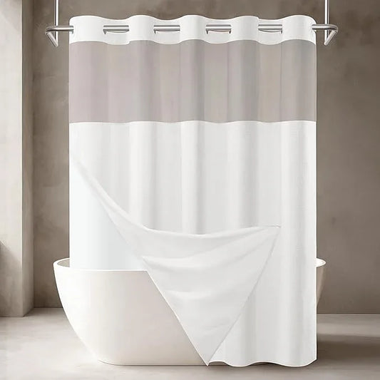 SORTTO No Hook Slub Textured Shower Curtain with Snap in Liner - White Fabric Outer Curtain & Waterproof Inner Liner, Hotel Style with See Through Top Window, 71x74 in - ModernBath