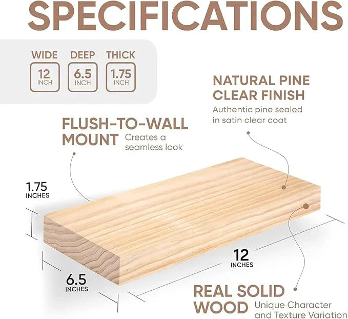 Homeforia 12 inch Natural Floating Shelf, High End Solid Real Wood 12inch Small Floating Shelves for Wall Mounted, Natural Wooden Floating Shelves, Heavy Duty Bracket, 12 X 6.5 X 1.75 in, Set of 2 - ModernBath