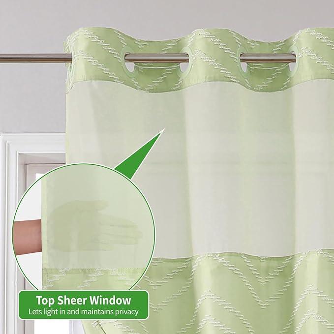 Extra Long No Hook Boho Shower Curtain with Snap-in Fabric Liner Set,71x86,White Woven Fabric Tufted Chevron Striped Design,Modern Chic Minimalist Bathroom Curtain,71x86,Sage Green - ModernBath