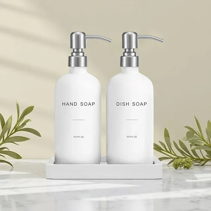 Prus Waso White Soap Dispenser for Kitchen Sink, Dish and Hand Soap Dispenser with Silver Stainless Steel Pump, Perfect for Kitchen Decor and Accessories. (Silver & White) - ModernBath