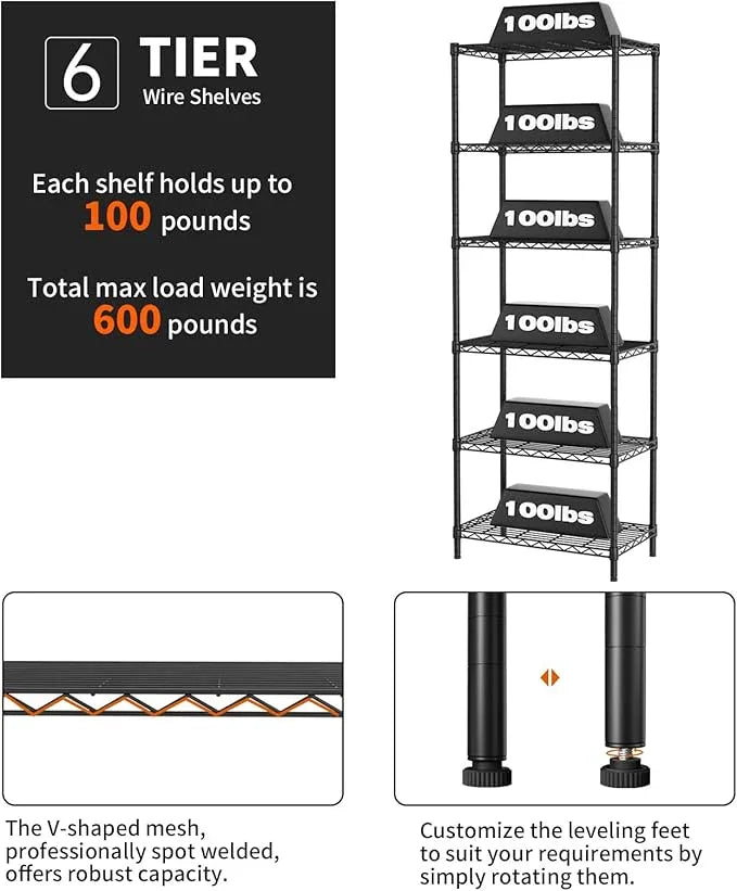 SINGAYE 6 Tier Adjustable Storage Shelf Wire Shelving Unit Metal Shelves Standing Closet Bathroom Organizers Pantry Kitchen Garage Laundry Room Organization Home Rack 12" D X 22" W X 69.5" H Black - ModernBath