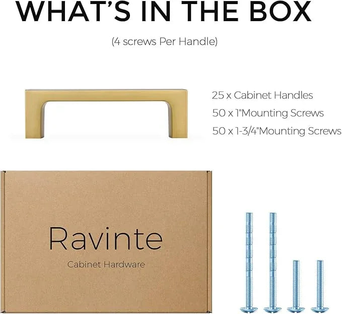 Ravinte 25 Pack Solid 3 Inch Kitchen Square Cabinet Handles Brushed Brass Cabinet Pulls Drawer Pulls Kitchen Cupboard Hardware Handles - ModernBath