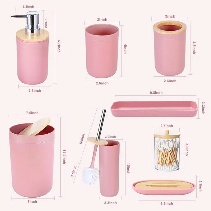 iMucci 9Pcs Pink Bathroom Accessories Set - with Trash Can,Toilet Brush,Toothbrush Holder, Lotion Soap Dispenser, Soap Dish,Toothbrush Cup,Qtip Holder,Tray - ModernBath