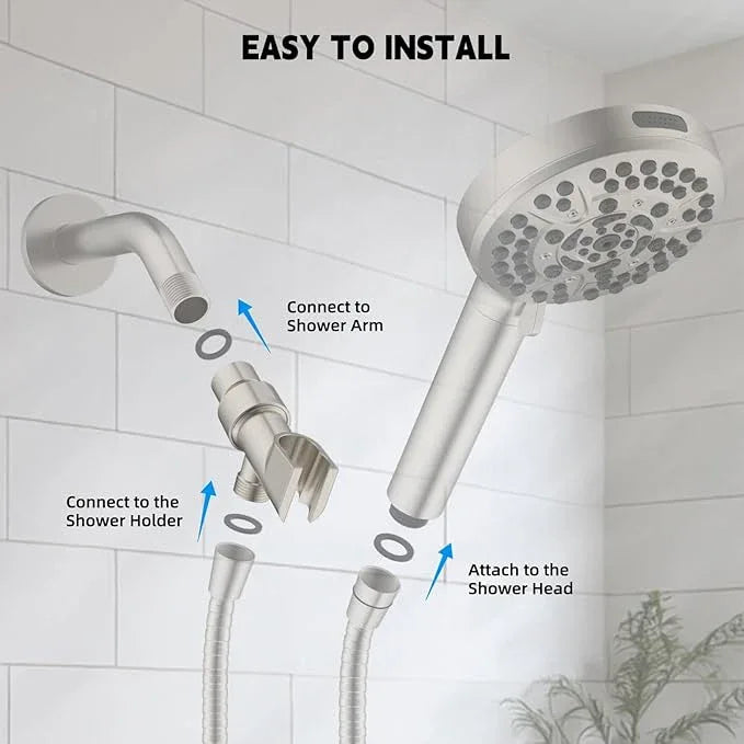 Hibbent Universal All Metal Handheld Shower Head Holder, Adjustable Solid Brass Shower Wand Holder, 2 Size Shower Bracket Holes for Bathroom, Fits All Showerhead Hoses & Shower Arm, Brushed Nickel - ModernBath