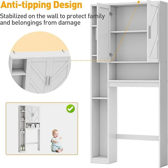 Over The Toilet Storage Cabinet with 7 Storage Shelves, Above Toilet Bathroom Organizer with Toilet Paper Holder Stand, Behind Toilet Cabinet, Space Saver for Restroom, Bathroom, Laundry, White - ModernBath